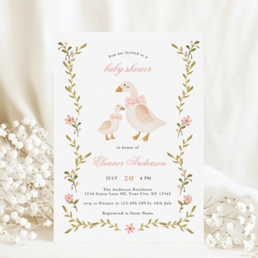 Invitation Baby shower d'oie blanche rose