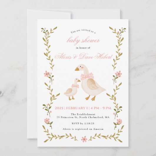 Invitation Baby shower d'oie blanche rose (Devant)