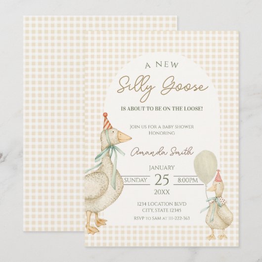 Invitation Baby shower d'oie soie beige (Devant / Derrière)