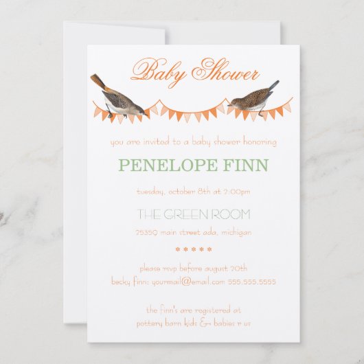 Invitation Baby shower d'oiseaux à la mode Peach Green Buntin (Devant)