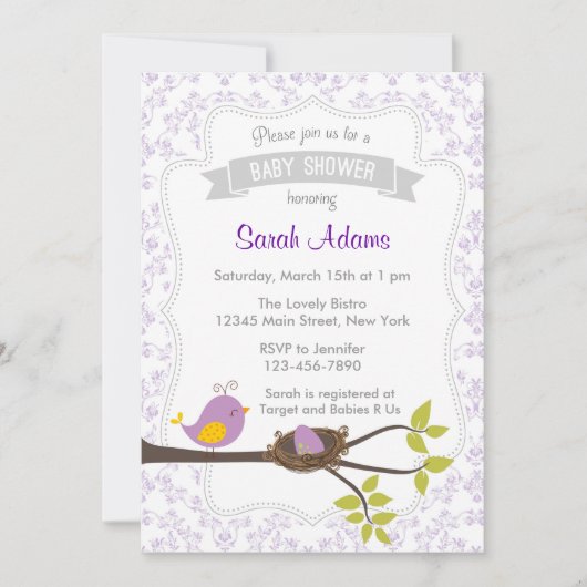 Invitation Baby shower d'oiseaux cute Pastel Purpl (Devant)