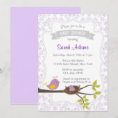 Invitation Baby shower d'oiseaux cute Pastel Purpl (Devant / Derrière)