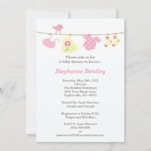 Invitation Baby shower d'oiseaux de blanchisserie rose 5x7 In