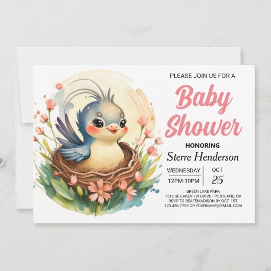 Invitation Baby shower d'oiseaux de la forêt Boho Girly (Devant)