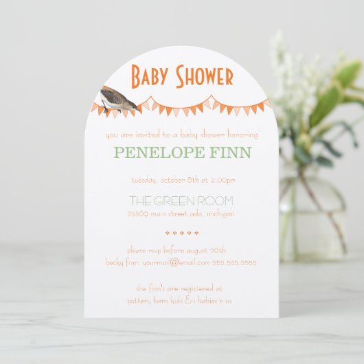 Invitation Baby shower d'oiseaux de lapin vert de Pêche (Debout devant)