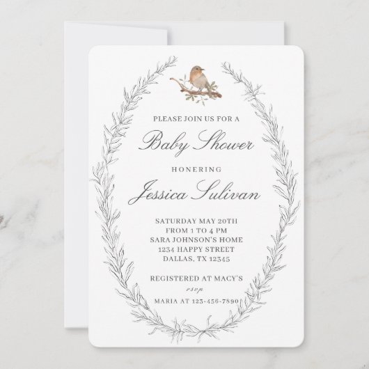 Invitation Baby shower d'oiseaux délicieusement moderne (Devant)