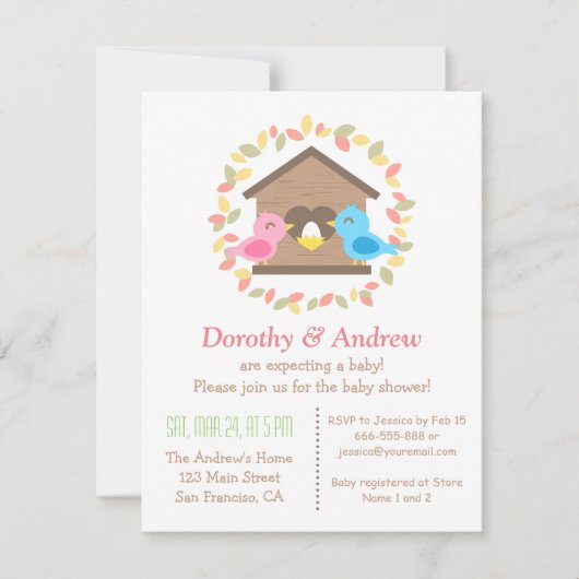Invitation Baby shower d'oiseaux des Feuilles de Wreath (Devant)