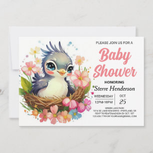 Invitation Baby shower d'oiseaux élégant au nid rose