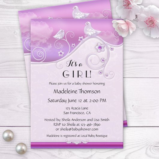 Invitation Baby shower d'oiseaux floraux Chic Lila