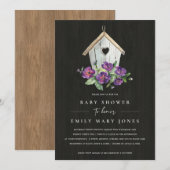 INVITATION BABY SHOWER D'OISEAUX FLORAUX EN BOIS NOIR (Devant / Derrière)