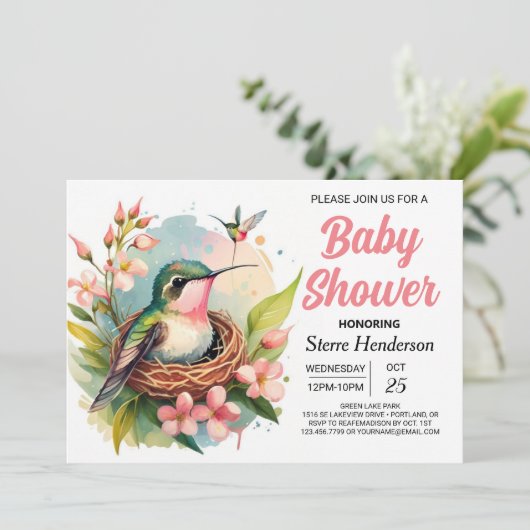 Invitation Baby shower d'oiseaux Forêt mite (Debout devant)