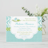 Invitation Baby shower d'oiseaux Garçon Damask Blu (Debout devant)