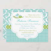 Invitation Baby shower d'oiseaux Garçon Damask Blu (Devant / Derrière)