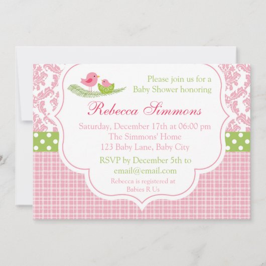 Invitation Baby shower d'oiseaux Jeune fille Damas (Devant)