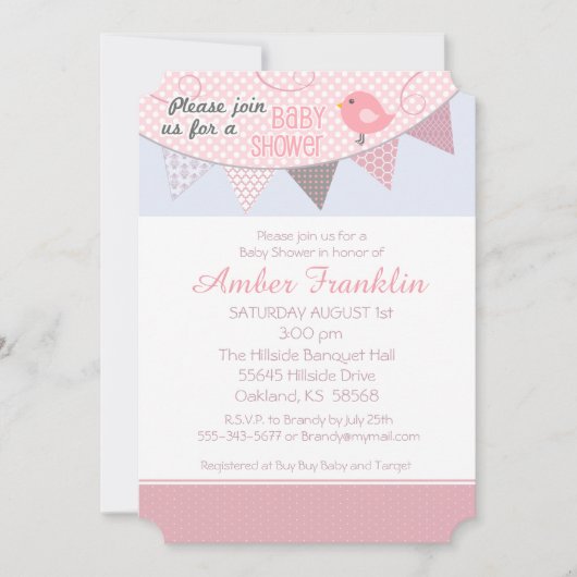 Invitation Baby shower d'oiseaux roses (Devant)