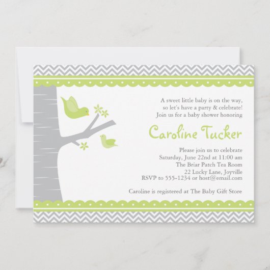 Invitation Baby shower d'oiseaux, vert et gris (Devant)