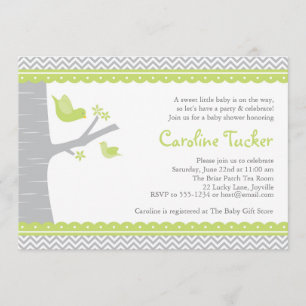 Invitation Baby shower d'oiseaux, vert et gris