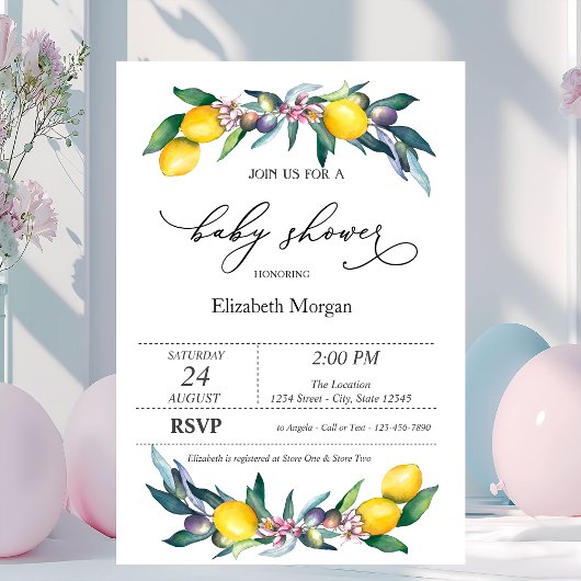 Invitation Baby shower d'olives aux citrons d'aquarelle