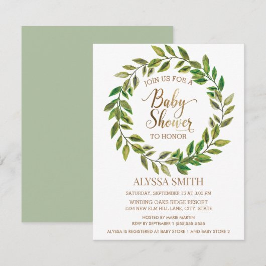 Invitation Baby shower d'or blanc feuille verte Sage (Devant / Derrière)