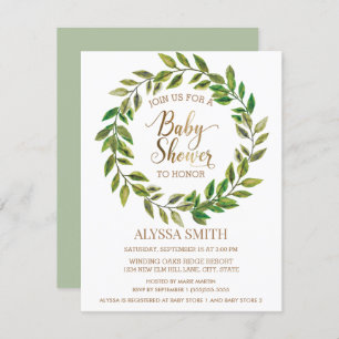 Invitation Baby shower d'or blanc feuille verte Sage