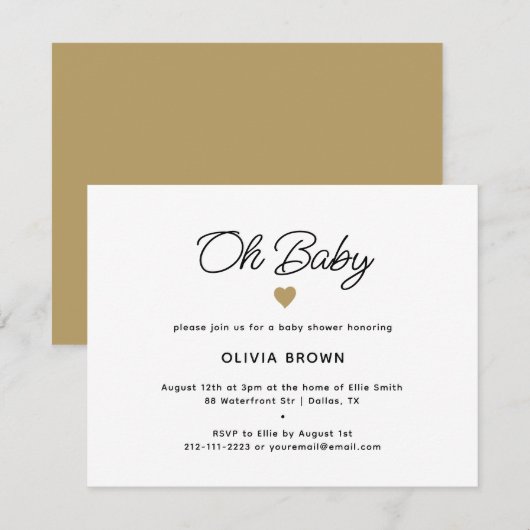 Invitation Baby shower d'or blanc moderne (Devant / Derrière)