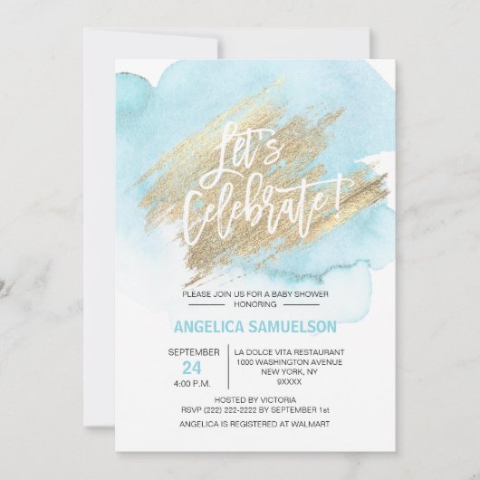 Invitation Baby shower d'or bleu aquarelle Fêtons (Devant)