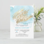 Invitation Baby shower d'or bleu aquarelle Fêtons (Debout devant)