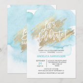 Invitation Baby shower d'or bleu aquarelle Fêtons (Devant / Derrière)