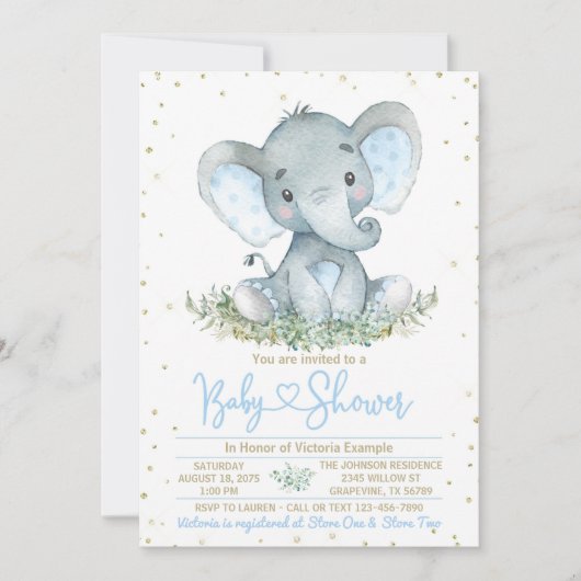 Invitation Baby shower d'or bleu éléphant garçon (Devant)