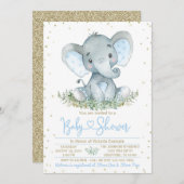 Invitation Baby shower d'or bleu éléphant garçon (Devant / Derrière)