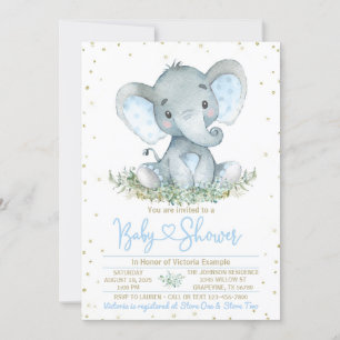 Invitation Baby shower d'or bleu éléphant garçon