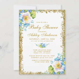 Invitation Baby shower d'or bleu floral Parties scintillant I