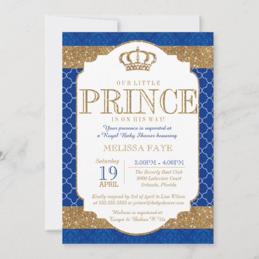 Invitation Baby shower d'or bleu Little Prince Royal (Devant)