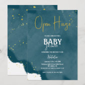 Invitation baby shower d'or bleu marine ouvert (Devant / Derrière)