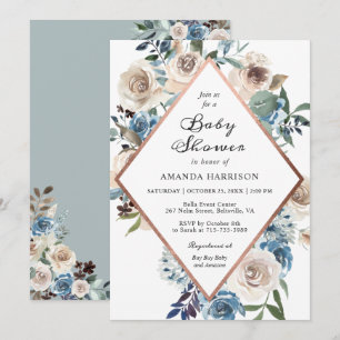 Invitation Baby shower d'or Boho Floral Dusty Blue Rose