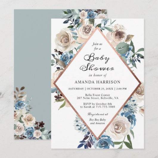 Invitation Baby shower d'or Boho Floral Dusty Blue Rose (Devant / Derrière)