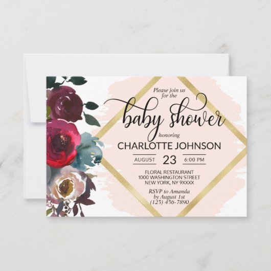 Invitation Baby shower d'or de la Bourgogne rose d'aquarelle (Devant)