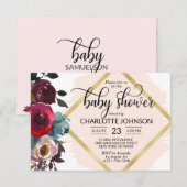 Invitation Baby shower d'or de la Bourgogne rose d'aquarelle (Devant / Derrière)