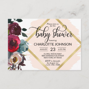 Invitation Baby shower d'or de la Bourgogne rose d'aquarelle