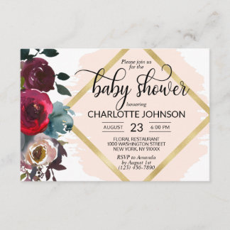 Invitation Baby shower d'or de la Bourgogne rose d'aquarelle