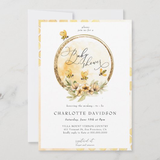 Invitation Baby shower d'or de l'abeille jaune neutre pour le (Devant)
