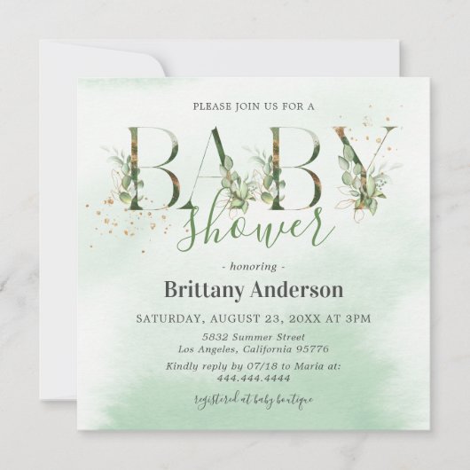 Invitation Baby shower d'or Eucalyptus rustique (Devant)