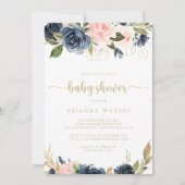 Invitation Baby shower d'or floral Blush de la Marine (Devant)
