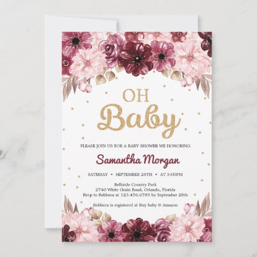 Invitation baby shower d'or floral rose brun Boho (Devant)