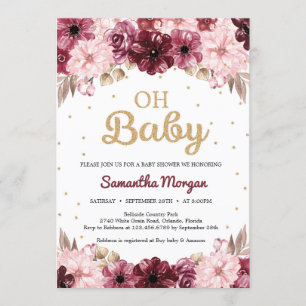 Invitation baby shower d'or floral rose brun Boho