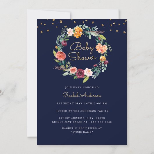 Invitation Baby shower d'or Floral Wreath Navy (Devant)