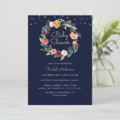Invitation Baby shower d'or Floral Wreath Navy (Debout devant)