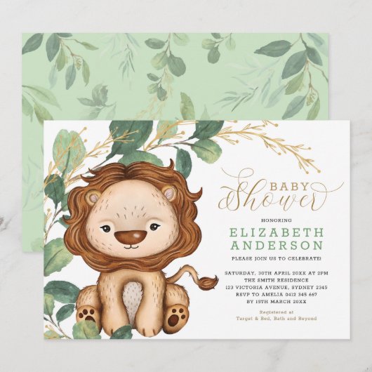 Invitation Baby shower d'or neutre Lion doux (Devant / Derrière)