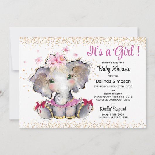 Invitation Baby shower d'or rose Baby Elephant (Devant)