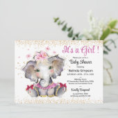 Invitation Baby shower d'or rose Baby Elephant (Debout devant)